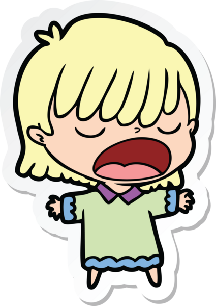 Bir insan tarafından çizilmiş yüksek sesle konuşan bir karikatür kadının çıkartması.