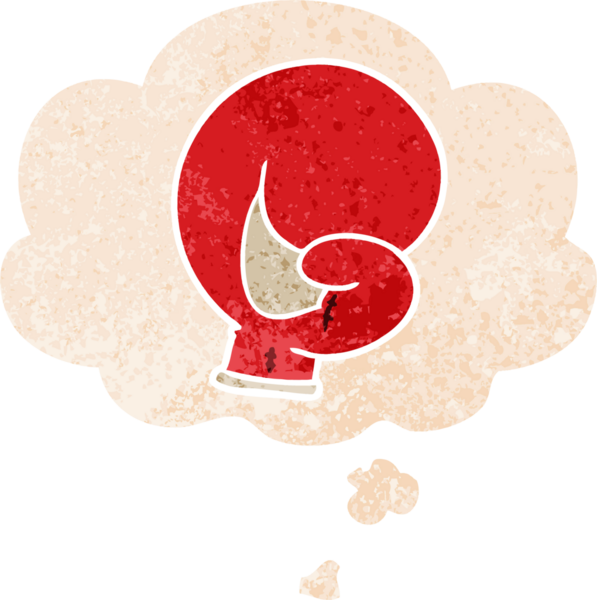 Düşünce baloncuğu ile boks eldiveni karikatürü grunge sıkıntılı retro tarzı bir insan tarafından çizilmiş