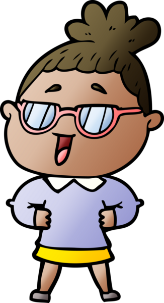 Bir insan tarafından çizilmiş gözlüklü mutlu kadın çizgi filmi.