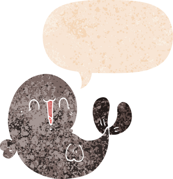 Bir insan tarafından çizilmiş grunge sıkıntılı retro tarzı konuşma balinası ile sevimli çizgi film balinası