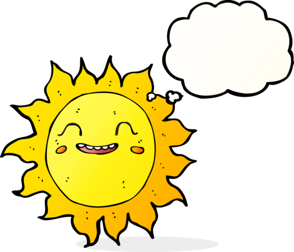 Bir insan tarafından çizilmiş düşünce baloncuklu mutlu güneş çizgi filmi