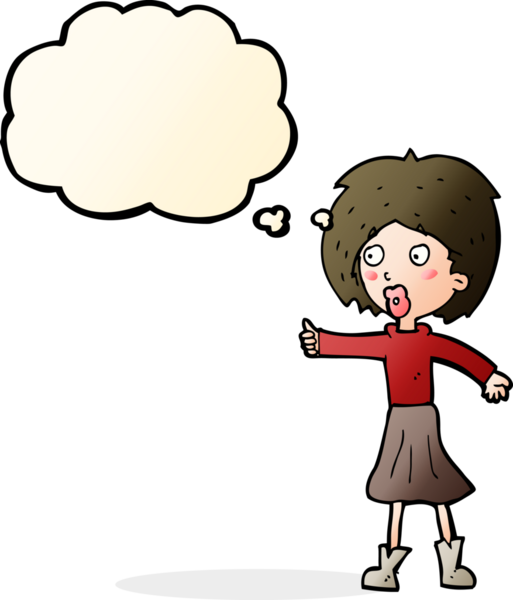 Bir insan tarafından çizilmiş düşünce baloncuğu olan çizgi film kadını.