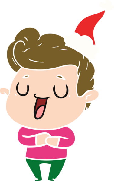 Bir insan tarafından çizilmiş Noel Baba şapkası giyen bir adamın mutlu el çizimi düz renk çizimi.