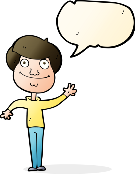 Bir insan tarafından çizilmiş konuşma baloncuğuyla el sallayan mutlu bir adam.