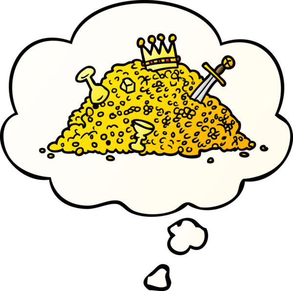 Düşünce baloncuğu olan, bir insan tarafından çizilmiş bir hazine yığını.
