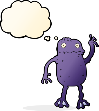 Bir insan tarafından çizilmiş düşünce baloncuklu zehirli kurbağa çizgi filmi.