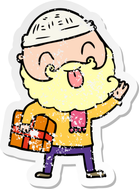 Bir insan tarafından çizilmiş Noel hediyesi taşıyan sakallı bir adamın sıkıntılı çıkartması.