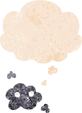 Düşünce baloncuğu ve grunge ile sevimli çizgi film bulutu bir insan tarafından çizilmiş sıkıntılı retro dokuma tarzı