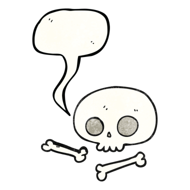 Bir insan tarafından çizilmiş serbest konuşma balonu desenli kafatası ve kemikler.