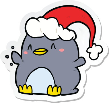 Bir insan tarafından çizilmiş Noel şapkası takan penguen karikatürü çıkartması.