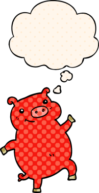 Bir insan tarafından çizilmiş çizgi roman tarzında düşünce baloncuğu olan dans eden domuz.