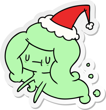 Bir insan tarafından çizilmiş Kawaii hayaletinin el çizimi Noel çıkartması.