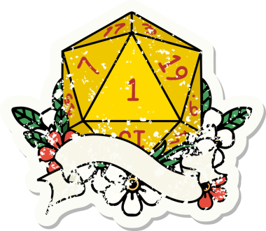 Bir insan tarafından çizilmiş doğal bir d20 zarının grunge çıkartması.