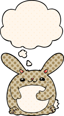 Çizgi roman tarzında bir insan tarafından çizilmiş düşünce kabarcığı olan çizgi film tavşanı.