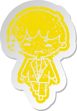 Sıkıntılı eski çizgi film çıkartması Kawaii bir insan tarafından çizilmiş takım elbiseli sevimli çocuk.