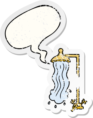 Konuşma baloncuklu çizgi film duşu bir insan tarafından çizilmiş sıkıntılı eski bir çıkartma