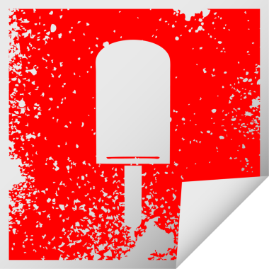 Sıkıntılı kare soyma etiketi. Garip sembol. Turuncu buz lolipopu bir insan tarafından çizilmiş.