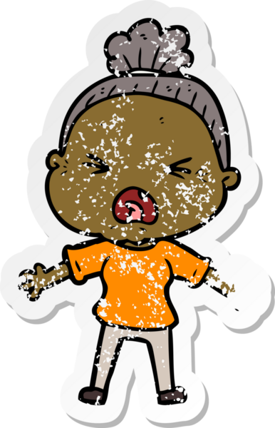 Bir insan tarafından çizilmiş kızgın yaşlı bir kadının sıkıntılı çıkartması.