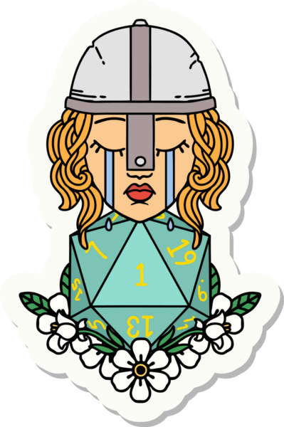 Ağlayan bir insan dövüşçüsünün çıkartması. Bir insan tarafından çizilmiş doğal bir D20 rulosu.