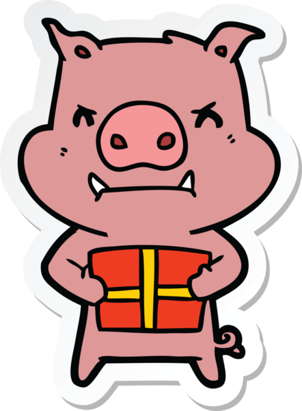 Bir insan tarafından çizilmiş Noel hediyeli kızgın çizgi film domuzu çıkartması.