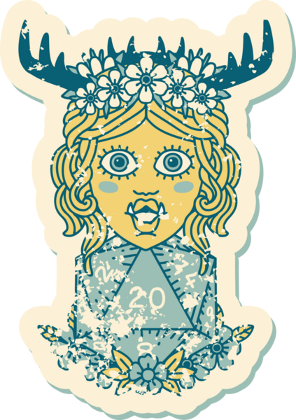 Retro Dövme Biçimi Yarı Ork Druid Bir insan tarafından çizilmiş 20 zar ile