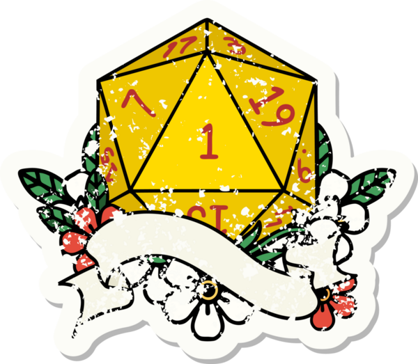 Bir insan tarafından çizilmiş doğal bir d20 zarının grunge çıkartması.