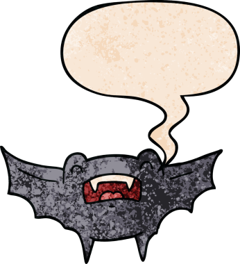 Bir insan tarafından çizilmiş eski tarz konuşma baloncuklu vampir yarasa çizgi filmi.