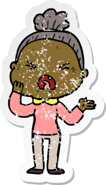 Bir insan tarafından çizilmiş kızgın yaşlı bir kadının sıkıntılı çıkartması.