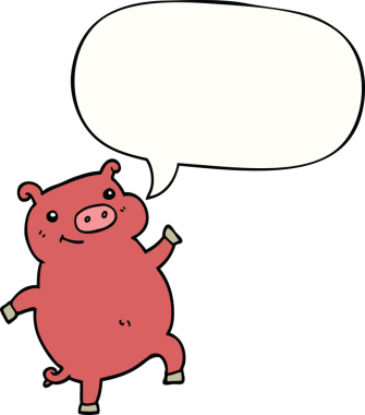 Bir insan tarafından çizilmiş konuşma balonlu dans eden domuz.