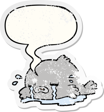 Konuşan baloncuklu karikatür ağlayan balık, bir insan tarafından çizilmiş kederli eski bir çıkartma.