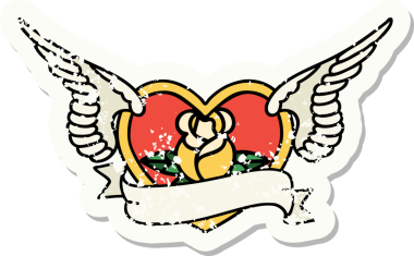 Geleneksel bir stil olan, çiçek ve pankart çizilmiş uçan kalp dövmesi.