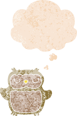 bir insan tarafından çizilmiş grunge sıkıntılı retro desenli düşünce baloncuğu ile çizgi film baykuşu