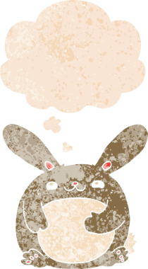 Düşünce baloncuklu çizgi film tavşanı grunge dertli eski moda bir insan tarafından çizilmiş.