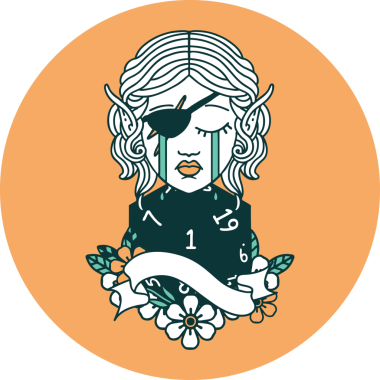 Ağlayan elf karakteri yüzü ve bir insan tarafından çizilmiş doğal bir D20 rulosu.