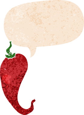 grunge 'da konuşma baloncuğu olan kırmızı biber çizgi filmi bir insan tarafından çizilmiş rahatsız edilmiş retro desen tarzı.