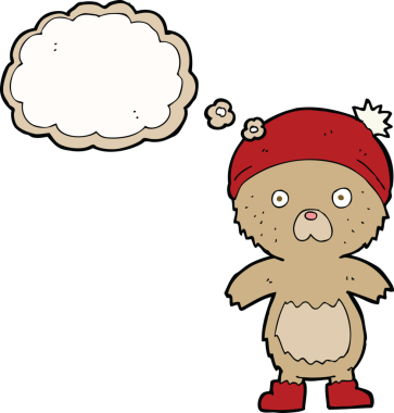 Bir insan tarafından çizilmiş düşünce baloncuklu şirin oyuncak ayı.