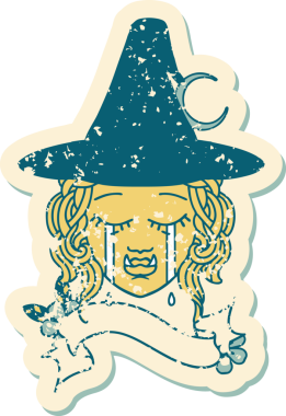 Retro Dövme Tarzı Bir insan tarafından çizilmiş yarı ork cadı yüzü ağlıyor