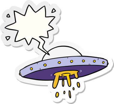 Bir insan tarafından çizilmiş konuşma balonu çıkartmalı uçan UFO.