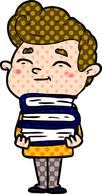 Bir insan tarafından çizilmiş bir yığın yeni kitabı olan mutlu çizgi film adamı.