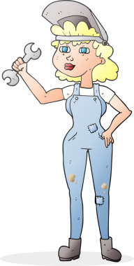 Bir insan tarafından çizilmiş İngiliz anahtarı olan serbest çizimli karikatür kadın.