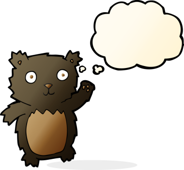 Bir insan tarafından çizilmiş düşünce baloncuğu ile siyah ayı yavrusunu sallayan çizgi film.