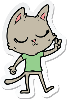 Sakin bir çizgi film kedisinin çıkartması Bir insan tarafından çizilmiş barış işareti