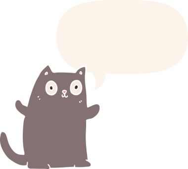 Konuşma baloncuğu olan çizgi film kedisi insan tarafından çizilmiş.