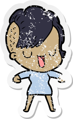 Hipster saç kesimi bir insan tarafından çizilmiş tatlı bir çizgi film kızına ait sıkıntılı bir etiket.