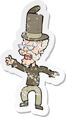 Bir insan tarafından çizilmiş silindir şapkalı yaşlı bir adamın karikatür yapıştırması.