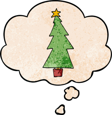 Bir insan tarafından çizilmiş grunge desenli düşünce baloncuğu olan çizgi film Noel ağacı.