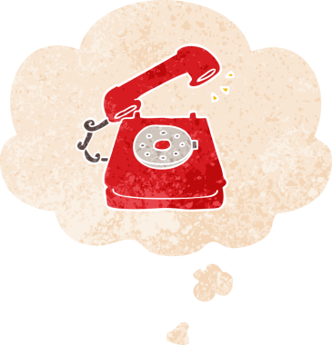 grunge 'da düşünce baloncuğu olan karikatür eski telefon bir insan tarafından çizilmiş rahatsız edilmiş retro dokuma tarzı