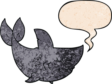 Konuşma baloncuğu olan bir karikatür köpekbalığı insan tarafından çizilmiş.