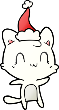 Noel Baba şapkası takan mutlu bir kedinin insan tarafından çizilmiş el çizimi karikatürü.