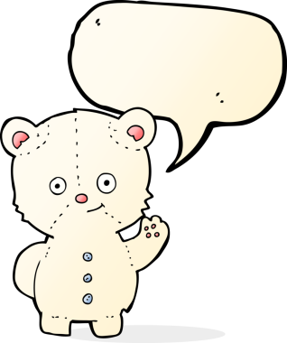 Bir insan tarafından çizilmiş konuşma balonlu kutup ayısı yavrusunu sallayan çizgi film.